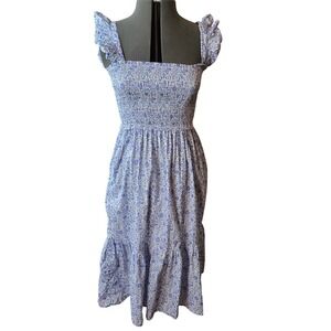 Pukatuka‎ Blue Floral Smocked Midi Dress 100% Cotton Ruffle Sleeve Size Medium